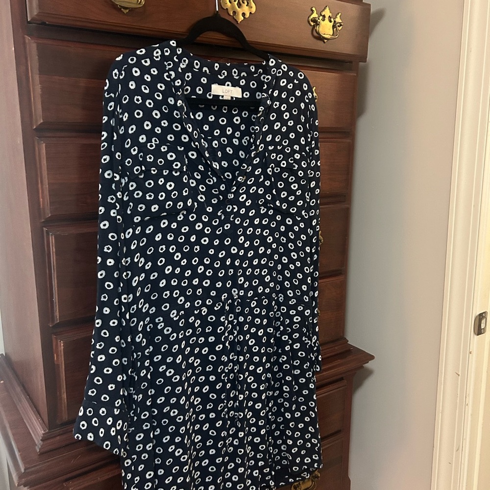 LOFT Navy Dress with White Dot Print